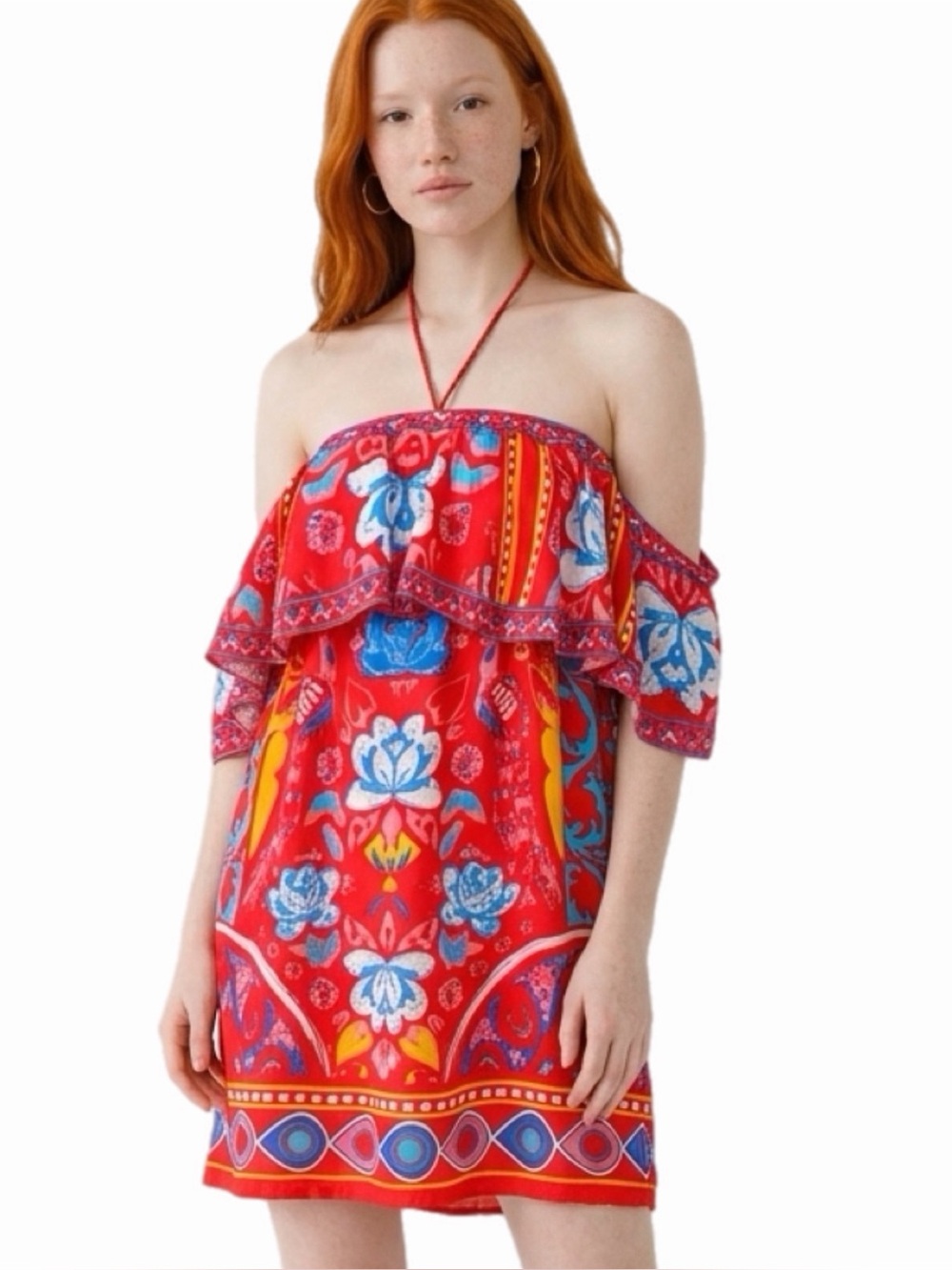 FLYING TOMATO Red Floral Print Off-Shoulder Tropical Summer Dress Small